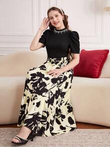 2pcs/Set Teen Girl' Vacation Embellished Neckline Gigot Sleeve Top & Floral Pattern Skirt Suit - Multicolor - View 3