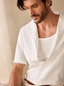 GENTILAND Men's Casual Unlined Frayed Hem Loose Drop Shoulder Mandarin Collar Plain Short Sleeve Shirt