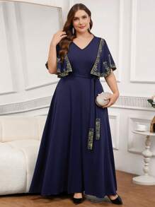 SHEIN Clasi Plus Size Women's Elegant Patchwork Floral Embroidery Ruffle Hem Dress