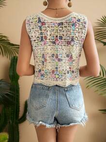 Travachic Ladies' Colorful Hollow Knitted Sleeveless Top For Vacation, Suitable For Holiday, Afternoon Tea, Wedding Season, Beach Cruise Vacation, City Road Trip Vacation, Boho Vacation, Music Festival, Beachwear, Easter, Beach For Woman, Elegant Tops For Women, Vacation Women, Concert Women, Tropical Vacation Woman, Holiday, Bohemian,For Spring Summer And Autumn, Tropical Vacation, Bohemian Outfits, Ibiza Outfits, Western Style - Multicolor - View 2