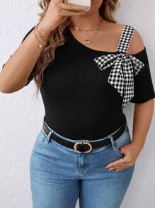 EMERY ROSE Plus Size Women's Plaid Bow Neck Asymmetric Shoulder T-Shirt, Suitable For Casual Outing, Holiday & Travel - Multicolor - View 6