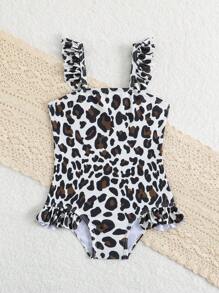 Baby Girl Leopard Print One-Piece Swimsuit For Beach & Resort - Multicolor - View 3