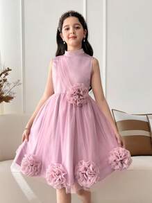 SHEIN Robe en organza sans manches à col debout et décor floral 3D pour jeunes filles - Rose bonbon - Voir 4