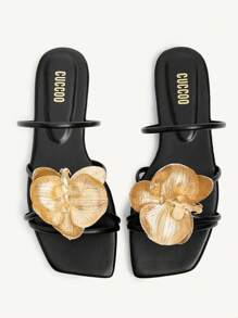 CUCCOO CHICEST Women's Iris Flower Strap Criss-Cross Square Toe Flat Sandals, Elegant Casual Black & Gold Faux Leather Ladies Summer Beach Flip Flops, Suitable For Afternoon Tea, Vacation, Beach, Hawaii - Black - View 10