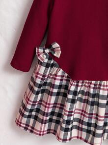 Sparklyn Young Girl Casual Plaid Patchwork Bow Decor Daily Wear Dress Fall Winter