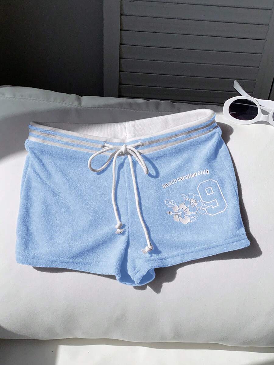 Comfortcana 女士夏季休闲字母印花抽绳腰超短裤 - 淺藍色 - 查看 1