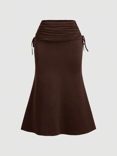 SHEIN MOD Plus Size Brown High Waist Side Drawstring Ruched Hem Midi A-Line Skirt, Summer