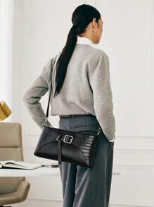 SHECARRY 1 pieza Bolso bandolera casual de mujer con cierre de cremallera y decoración metálica en color liso - Negro - Ver 8