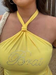 Top y Shorts de Talla Grande con Cuello Halter de unicolor, de Moda para el Verano - Amarillo - Ver 3