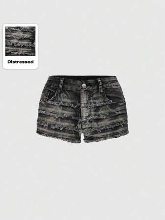 Grunge Punk Y2K-Stil zerrissene mehrlagige gewaschene ausgefranste Patchwork-Minijeansshorts mit niedriger Taille