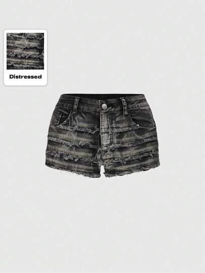 Grunge Punk Y2K Style Distressed Multiple Layers Washed Frayed Patchwork Low Waist Mini Jean Shorts