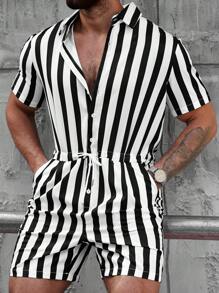 Manfinity Homme Men's Striped Printing Front Button Pocket Short Sleeve Jumpsuit
