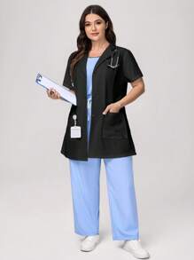 TaskEZ Chaqueta estilo bata de laboratorio de talla grande para mujer, de unicolor jaspeado, con solapa, manga corta, abotonadura sencilla y bolsillo, para uso profesional de enfermera