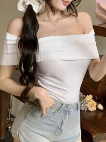 DAZY 女式纯色露肩修身背心 T 恤、女式短款上衣、露肩上衣 - 白色 - 查看 5