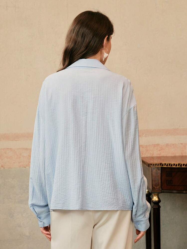 Women Elegant Modern Drop Shoulder Contrast Color Hollow Lace Trim Romantic Long Sleeve Blouse