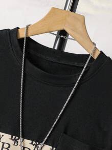 SHEIN 2件套青少年男孩夏季休闲字母印花T恤和短裤套装 - 黑色 - 查看 5