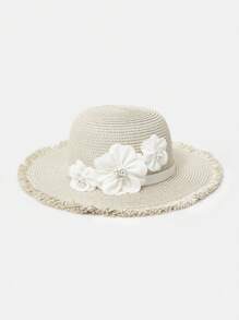 MOTF PREMIUM 3D FLORAL RAW TRIM BEIGE STRAW HAT