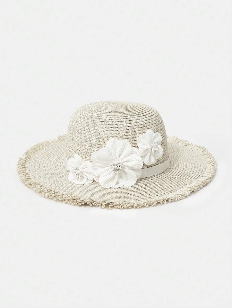 MOTF PREMIUM 3D FLORAL RAW TRIM BEIGE STRAW HAT