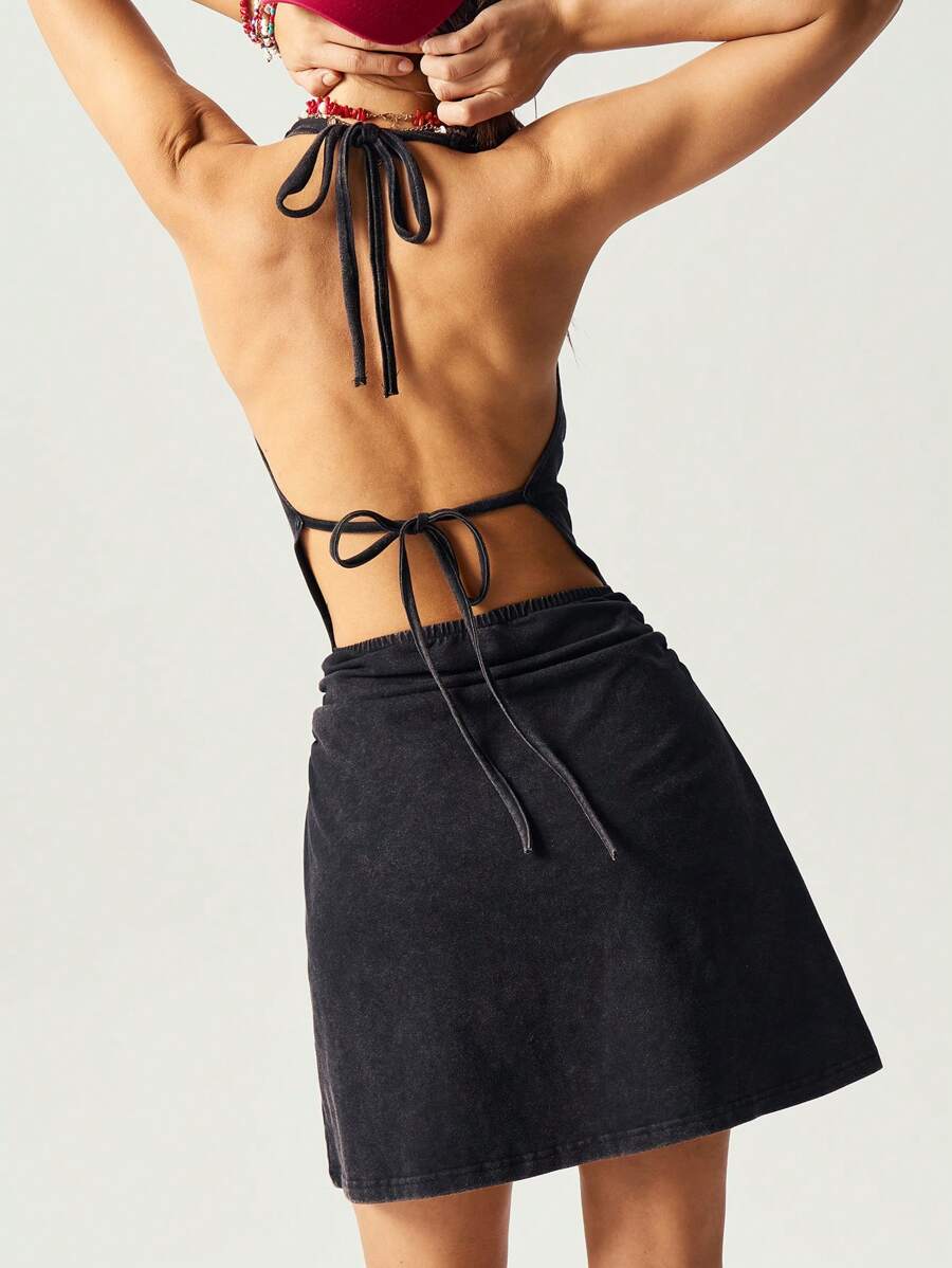 Bohemela Casual Solid Color Knit Backless Mini Dress For Women - Black - View 1