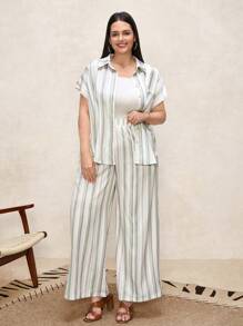 SHEIN Clasi Plus Size White Stripe Print Shirt And Pants 2 Pieces Set,Women's Elegance Loose Pockets Patchwork Daily Wear Summer Smart Casual Vacation Outfits - Multicolor - View 5