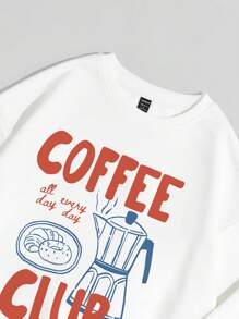 SHEIN EZwear Sudadera con capucha de manga larga, corte holgado, con estampado de letras de café, de estilo minimalista y casual, para mujeres