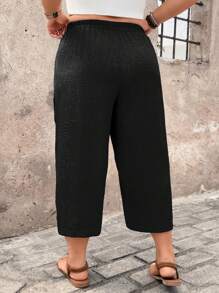 EMERY ROSE Women Plus Size Casual Linen Textured Capri Pants, Comfortable For Spring Summer Country-Style Vacation Baggy - Black - View 2