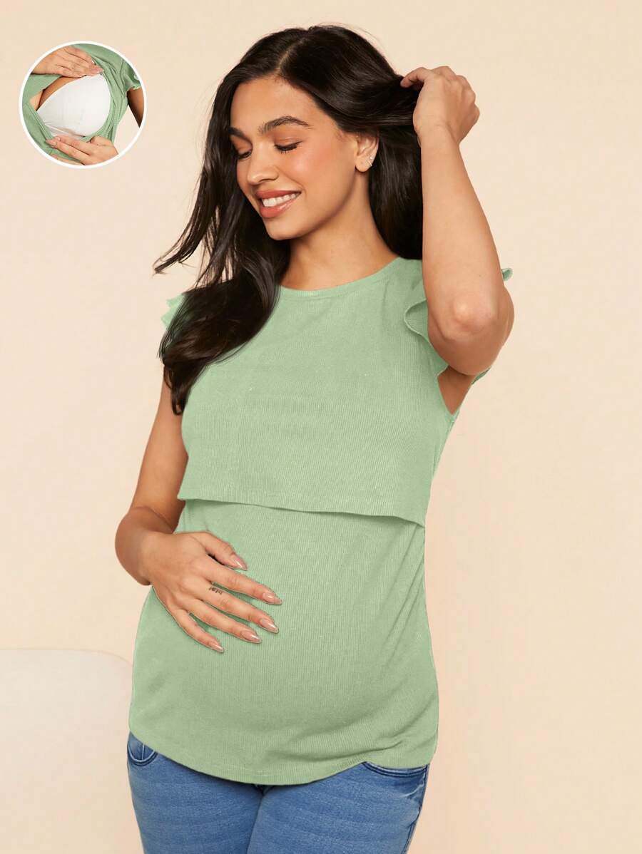 SHEIN Maternity Romantic Floral Pattern Round Neck Ruffle Sleeve Form-Fitting Nursing T-Shirt - Green - View 1