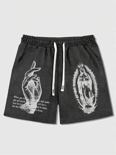 Street Life Men's Virgin Mary Front Laced Pocket Printed Washed Distressed Print Casual Shorts