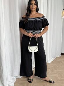 SHEIN Clasi Plus Size Jumpsuit With Off Shoulder, Fashionable For Summer - Black - View 6