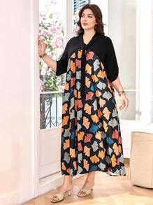Lacomfia Vestido largo con cintura ceñida y estampado de hojas en patchwork - Negro - Ver 4