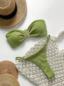 Swim Chiccia Bộ đồ bơi mùa xuân cho nữ, đồ bơi liền thân bằng vải jacquard màu trơn, không dây, trang trí kim loại, gợi cảm - màu xanh lá - Xem 1