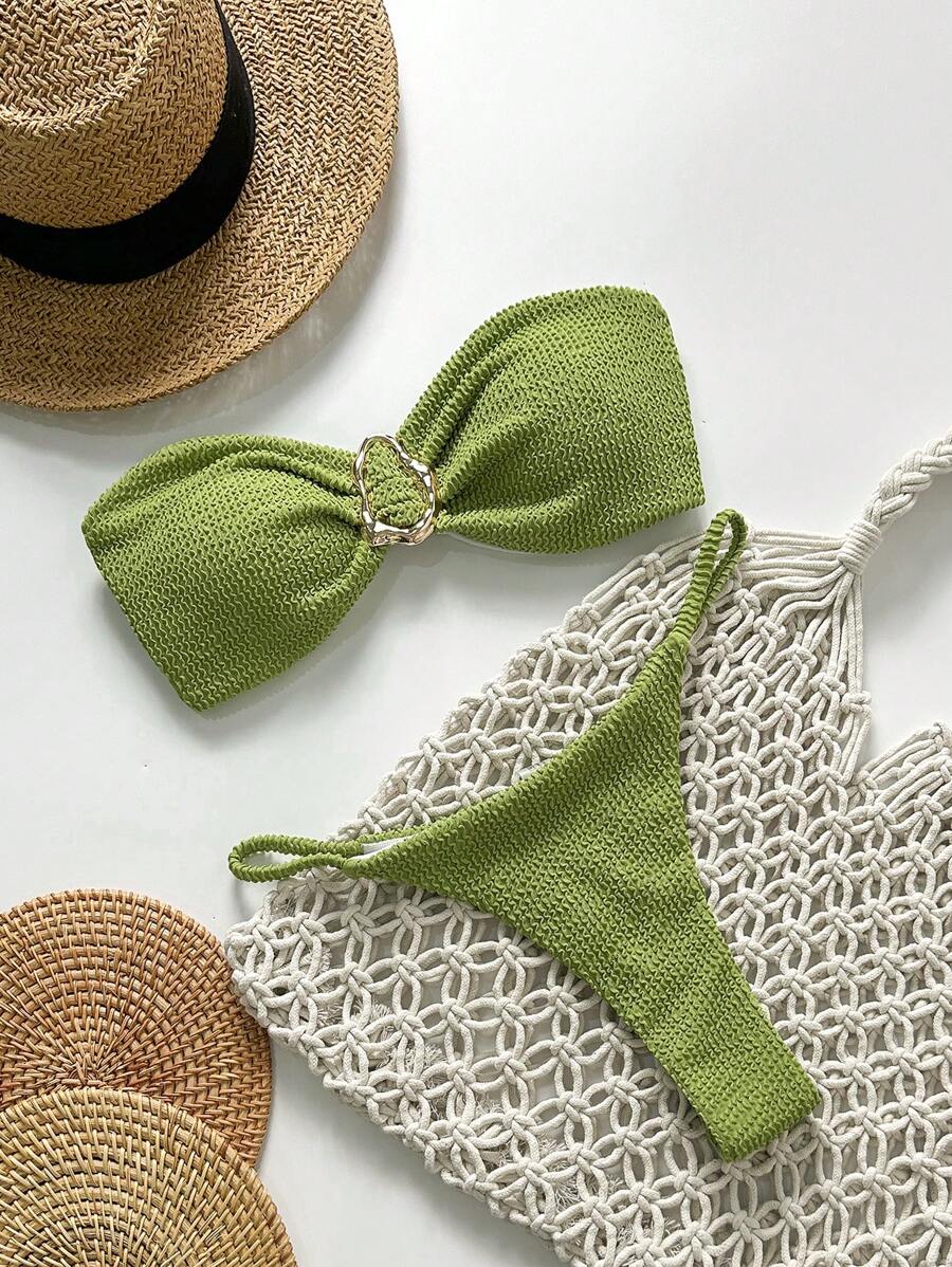 Swim Chiccia Bộ đồ bơi mùa xuân cho nữ, đồ bơi liền thân bằng vải jacquard màu trơn, không dây, trang trí kim loại, gợi cảm - màu xanh lá - Xem 1