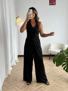 SHEIN Tall Große Größen Einfarbiger ärmelloser Weste- und Hosenanzug, modisch für den Sommer