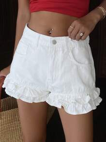 DAZY Women's Summer Low Waist Ruffled Cute Denim Shorts Y2k - White - View 5