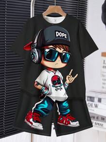 SHEIN 2pcs/Set Tween Boy Casual Minimalist Cartoon Pattern Short Sleeve Crew Neck Set, Suitable For Summer