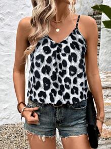 SHEIN LUNE Top sin mangas con cuello en V, plisado, con tirantes, estampado de leopardo vintage, para uso casual, vacaciones, elegante y diario para mujer