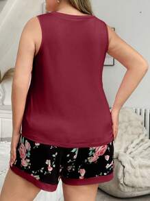 DUSKBASE Ensemble pyjama casual avec débardeur à imprimé floral romantique et short, grande taille - Rouge foncé - Voir 2