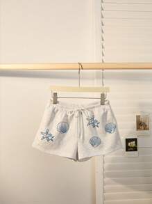 Seascape Print Shell Pattern Sports Shorts Set, Beach Shorts, Coastal Grandma Ocean Apparel, Gift For Ocean & Beach Lovers, Ocean Surf Aesthetic Women Shorts - Light Grey - View 5