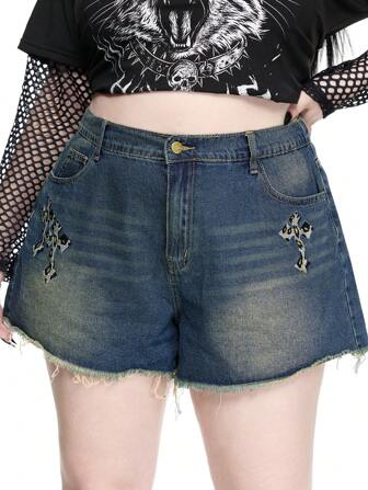 Grunge Punk Plus Size Women Punk Vintage Y2K Leopard Print Cross Embroidered Denim Shorts