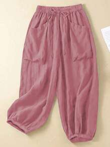 Linhara Pantalones informales de talla grande de unicolor con cordón - Rosa - Ver 4