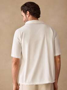 GENTILAND Men's Casual Unlined Frayed Hem Loose Drop Shoulder Mandarin Collar Plain Short Sleeve Shirt