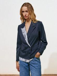 Lumivelle Niche Design Lace Patchwork Striped Blazer - Blue - View 3