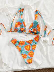 Swim Mod Women's Spring/Summer Beach Floral Print Ribbed Fabric Cute & Sexy Thick Strap High Cut Pants Ladies' Bikini Set - Multicolor - View 4