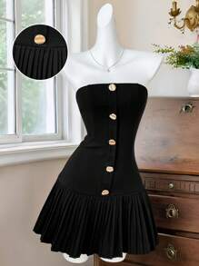 Comfortcana Vestido mini de mujer de verano con botones frontales, plisado en el bajo y bandeau de unicolor - Negro - Ver 7