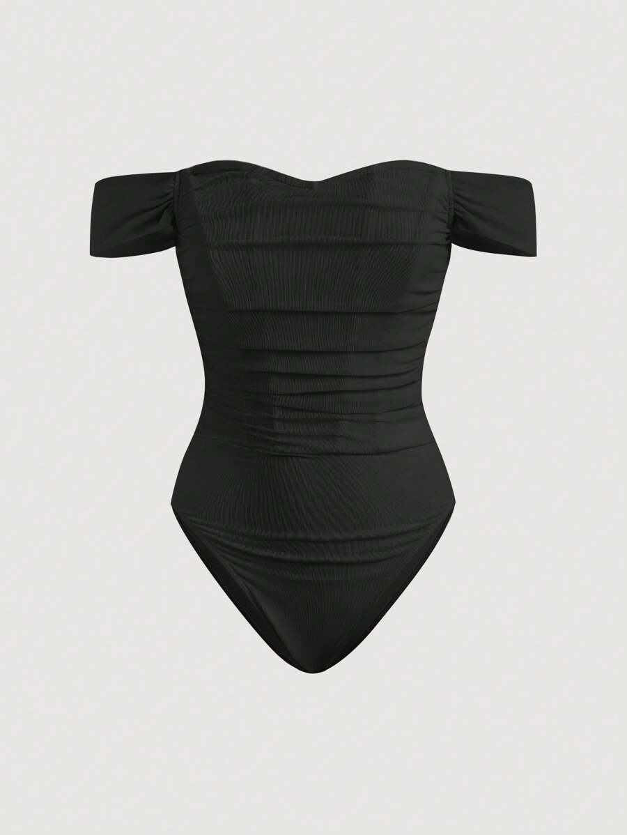 SHEIN MOD Mesh Ruched Asymmetric Shoulder Bodysuit Black - Black - View 1