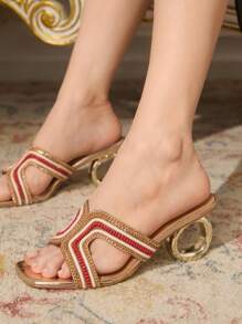 CUCCOO TILAWA Women's Summer New Beaded Chain Square Toe Artistic Heel Asymmetric High Heel Sandals, Luxurious Personalized Fashionable Gold Ladies High Heels, Suitable For Party, Resort - Gold - View 6