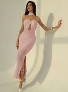 Aloruh Wedding Season Wrap Collar Model Slit Bow Detail Bodycon Dress For Women - Pink - View 3