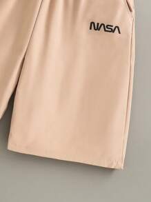 SHEIN Vacaura 2 件套青少年男孩休闲时尚黑色圆领字母印花 T 恤上衣和卡其色梭织短裤，全新夏季经典配色 - 彩色 - 查看 5