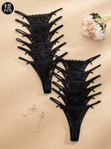 12-Piece Set Multicolored Romantic & Sexy Lace G-String Underwear For Women - Black - View 3
