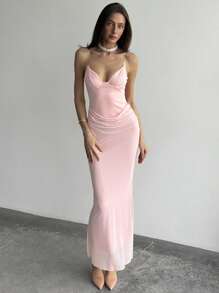 Aloruh Ladies' Summer Elegant Solid Color Pleated Dress With Spaghetti Straps - Pink - View 1
